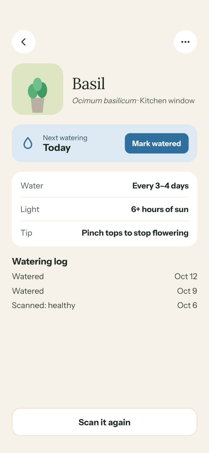 MossWood care plan for basil, with the next watering and a watering log